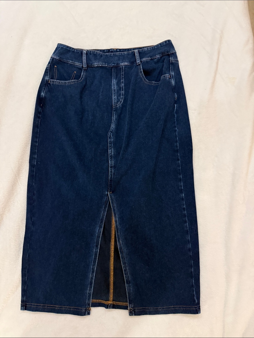 HALARA Dark Blue Denim Midi Skirt with Front Slit